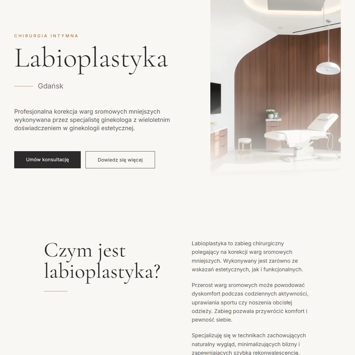Zrzut ekranu strony labioplastykagdansk.com — strona zabiegowa labioplastyki w Gdańsku