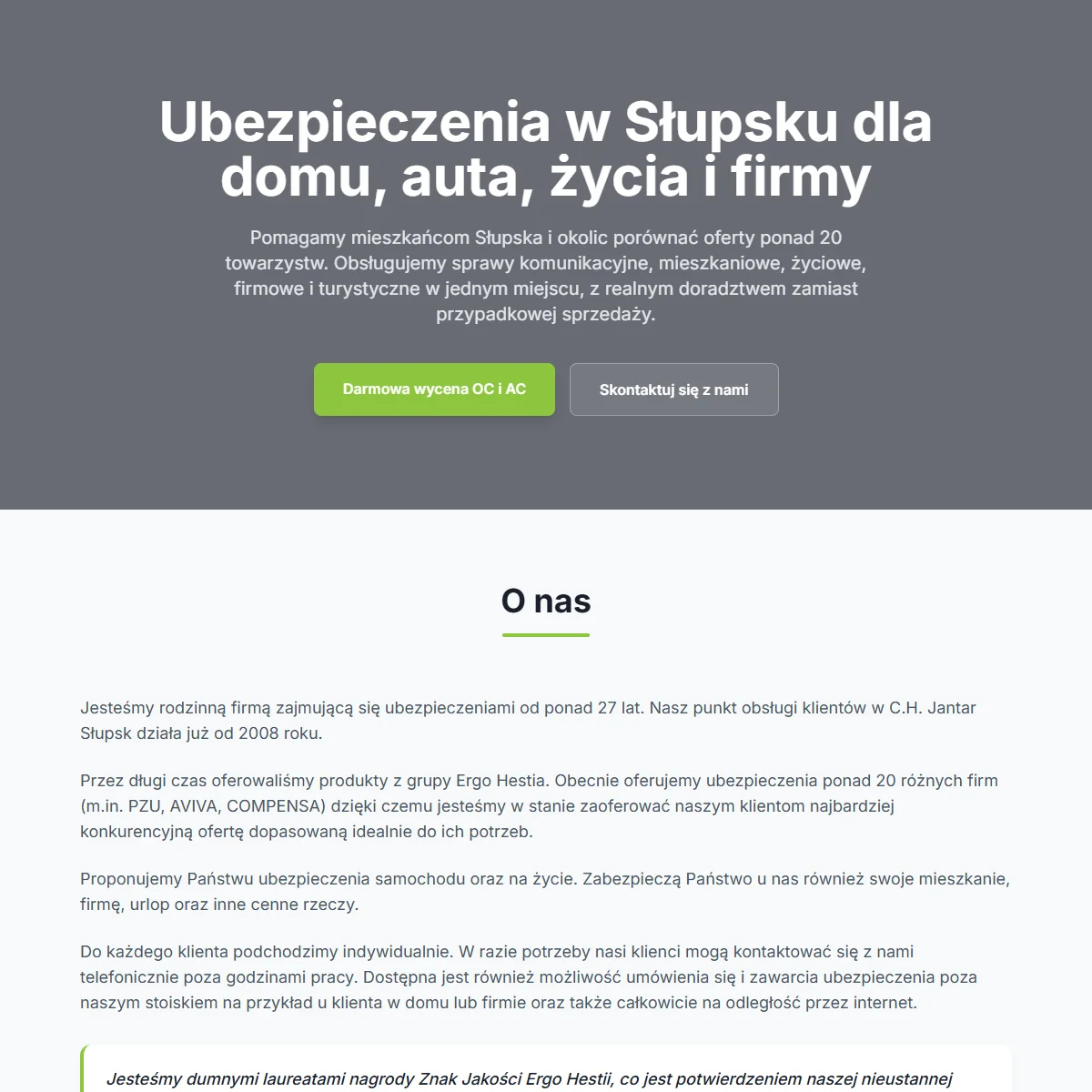 Zrzut ekranu strony ubezpieczeniaslupsk.pl — strona multiagencji ubezpieczeniowej ze Słupska